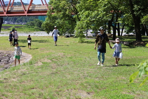 水辺の広場でゴミ拾いをする参加者